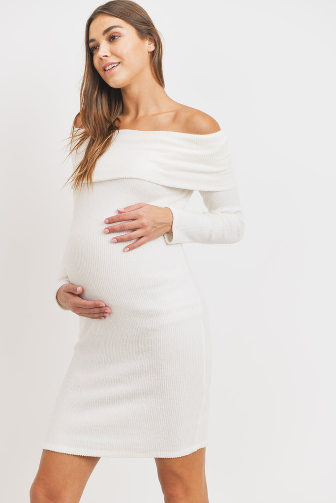White Cashmere Like Ribbed Off-Shoulder Maternity Dress