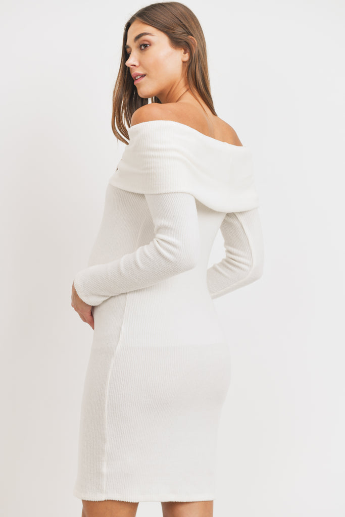 White Cashmere Like Ribbed Off-Shoulder Maternity Dress