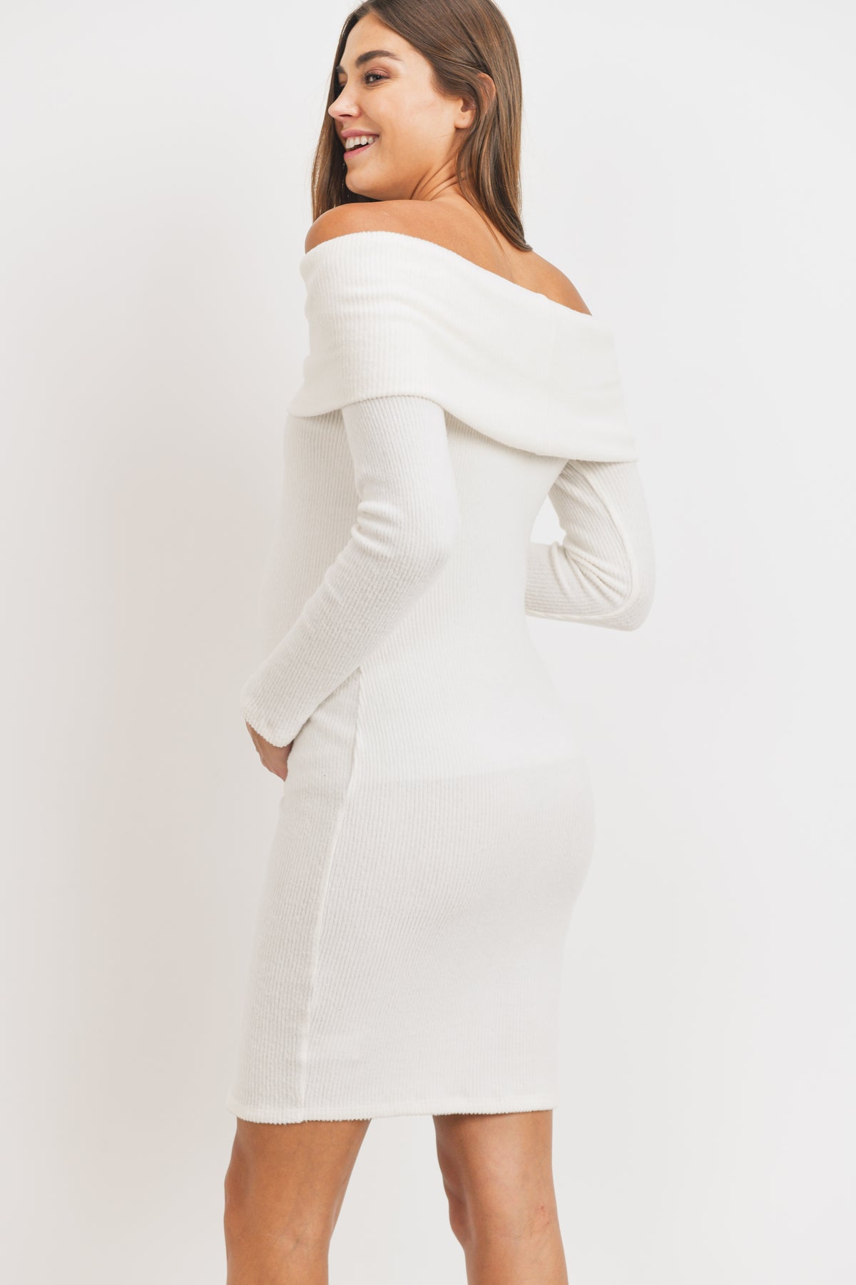 White Cashmere Like Ribbed Off-Shoulder Maternity Dress