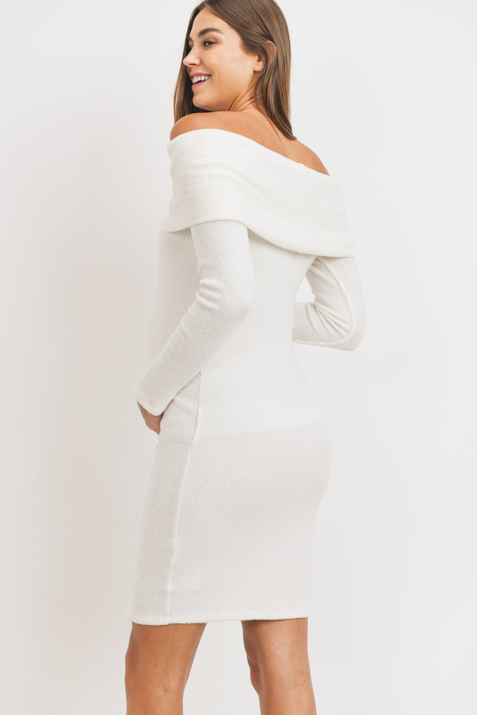 White Cashmere Like Ribbed Off-Shoulder Maternity Dress