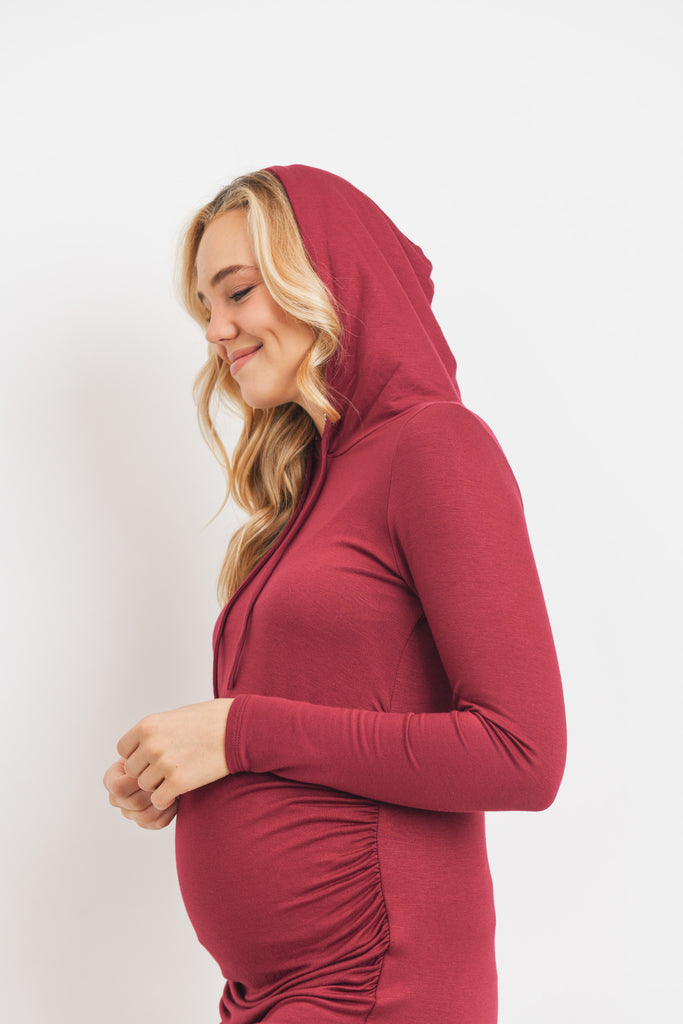 Burgundy Super French Terry Maternity Hoodie Dress