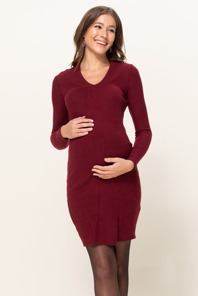 Burgundy Long sleeve Maternity Sweater Knit Ribbed Dress