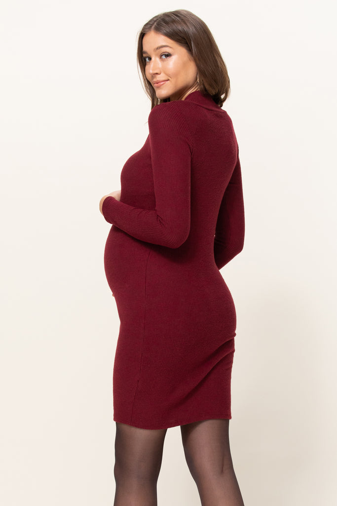 Burgundy Long sleeve Maternity Sweater Knit Ribbed Dress