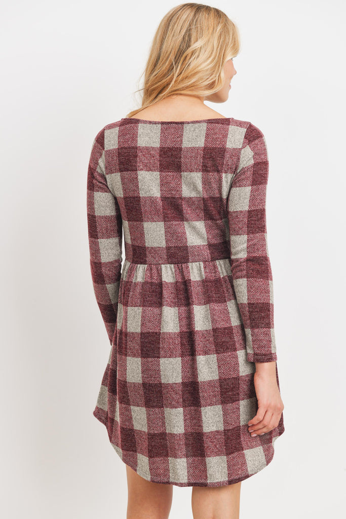 Burgundy Plaid Sweater Knit Maternity Dress with Pocket