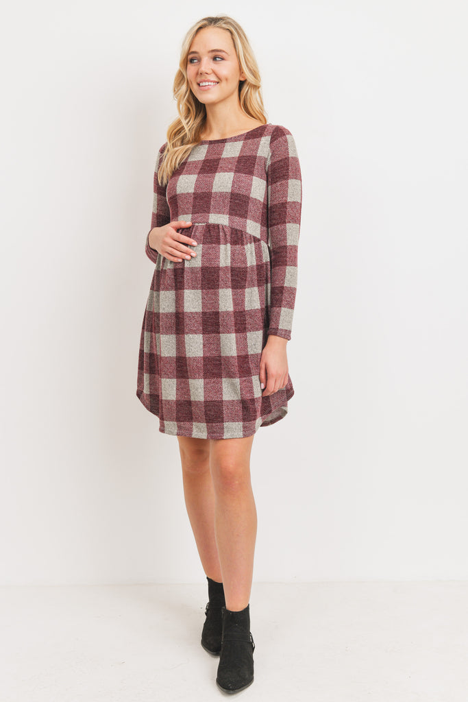 Burgundy Plaid Sweater Knit Maternity Dress with Pocket