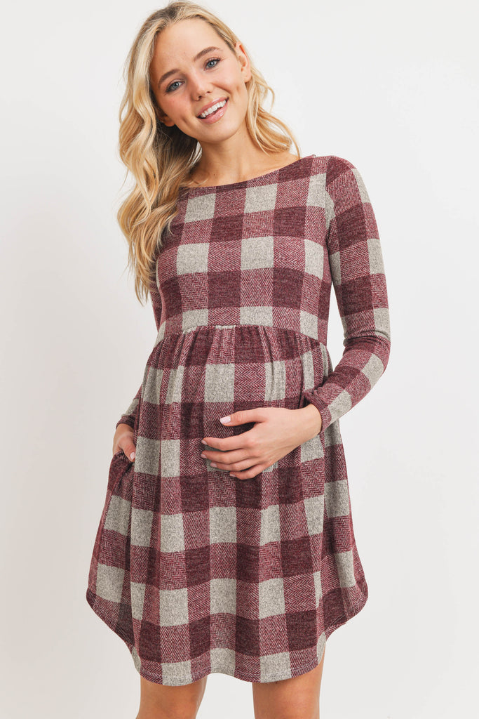 Burgundy Plaid Sweater Knit Maternity Dress with Pocket