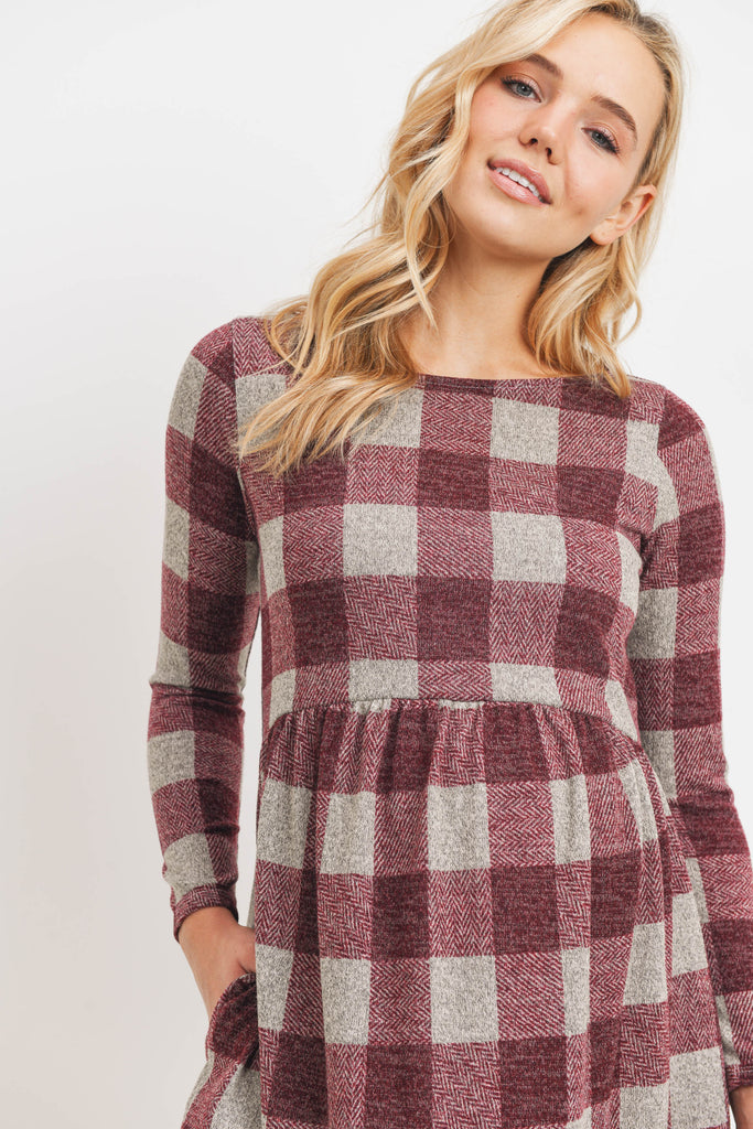 Burgundy Plaid Sweater Knit Maternity Dress with Pocket