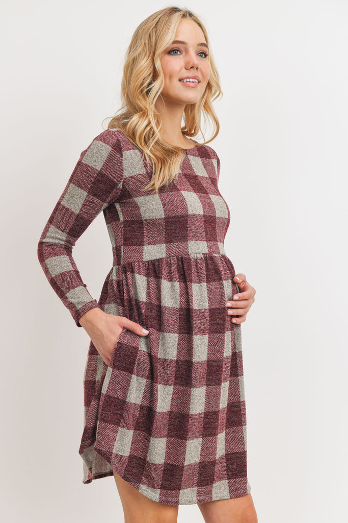 Burgundy Plaid Sweater Knit Maternity Dress with Pocket