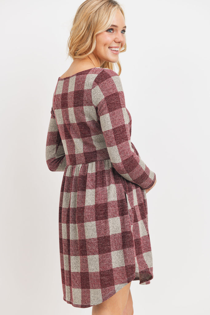 Burgundy Plaid Sweater Knit Maternity Dress with Pocket
