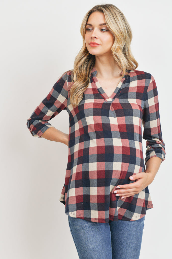 Navy/Burgundy Hacci Checker V-Neck Maternity Tunic Blouse