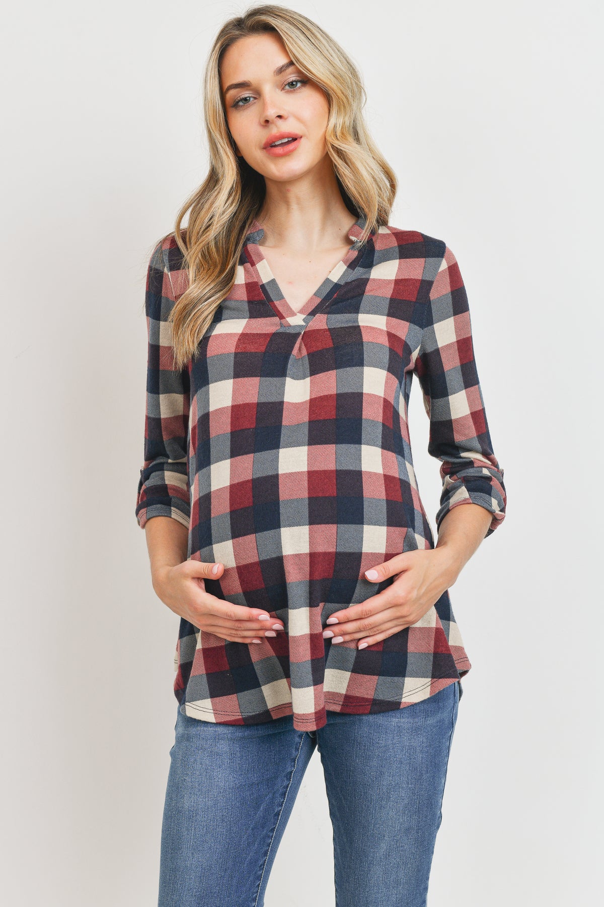 Navy/Burgundy Hacci Checker V-Neck Maternity Tunic Blouse