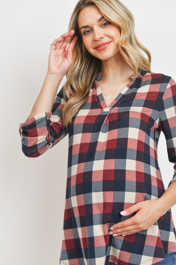 Navy/Burgundy Hacci Checker V-Neck Maternity Tunic Blouse