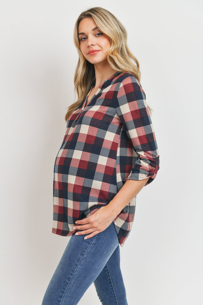 Navy/Burgundy Hacci Checker V-Neck Maternity Tunic Blouse