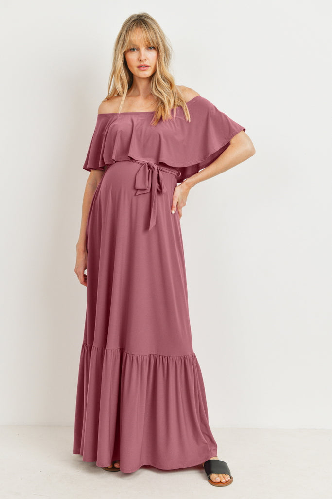 Mauve Tie Waist Off Shoulder Maternity Maxi Dress