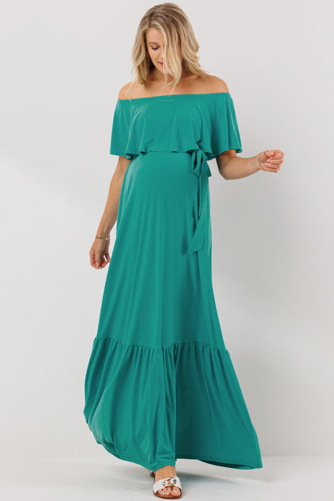 Turquoise Tie Waist Off Shoulder Maternity Maxi Dress