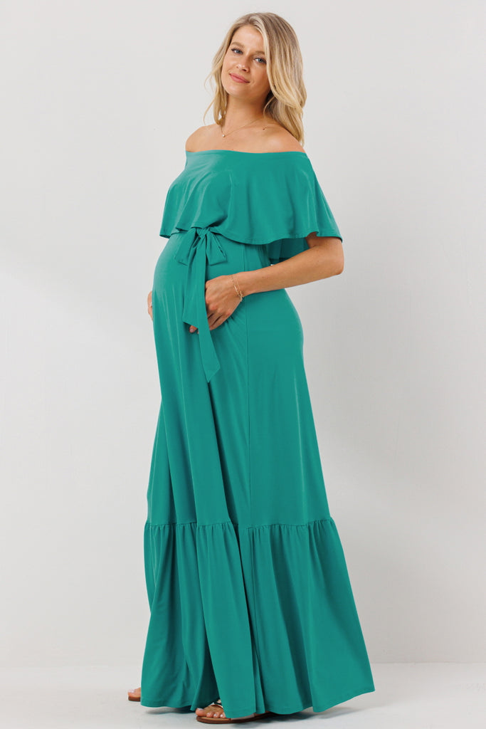 Turquoise Tie Waist Off Shoulder Maternity Maxi Dress