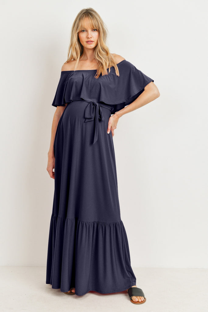 Navy Tie Waist Off Shoulder Maternity Maxi Dress