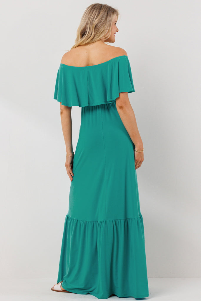 Turquoise Tie Waist Off Shoulder Maternity Maxi Dress