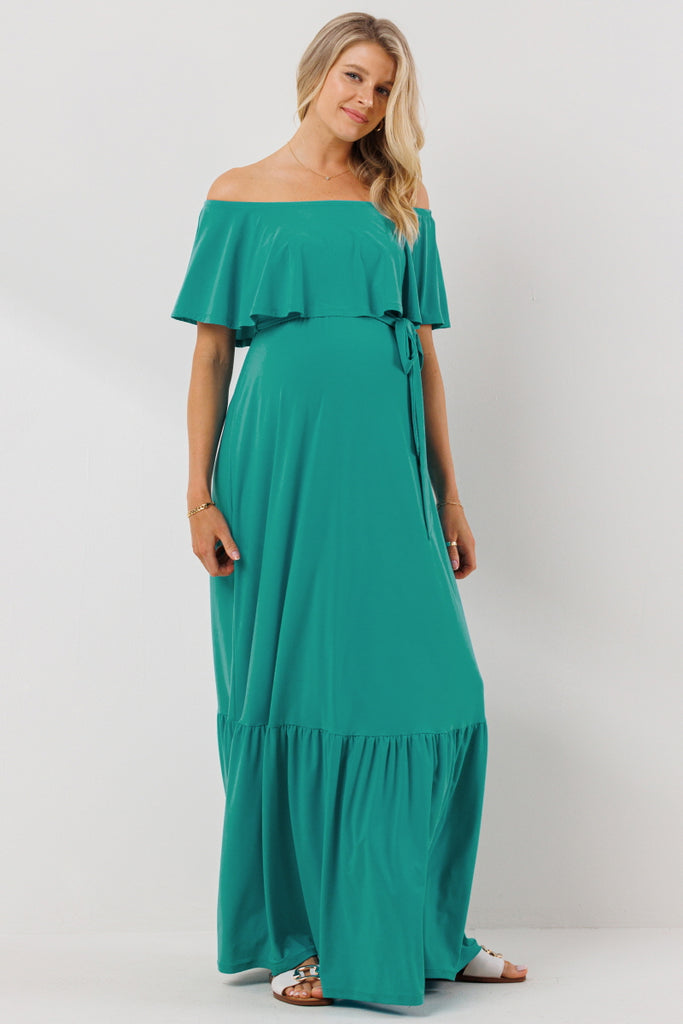 Turquoise Tie Waist Off Shoulder Maternity Maxi Dress