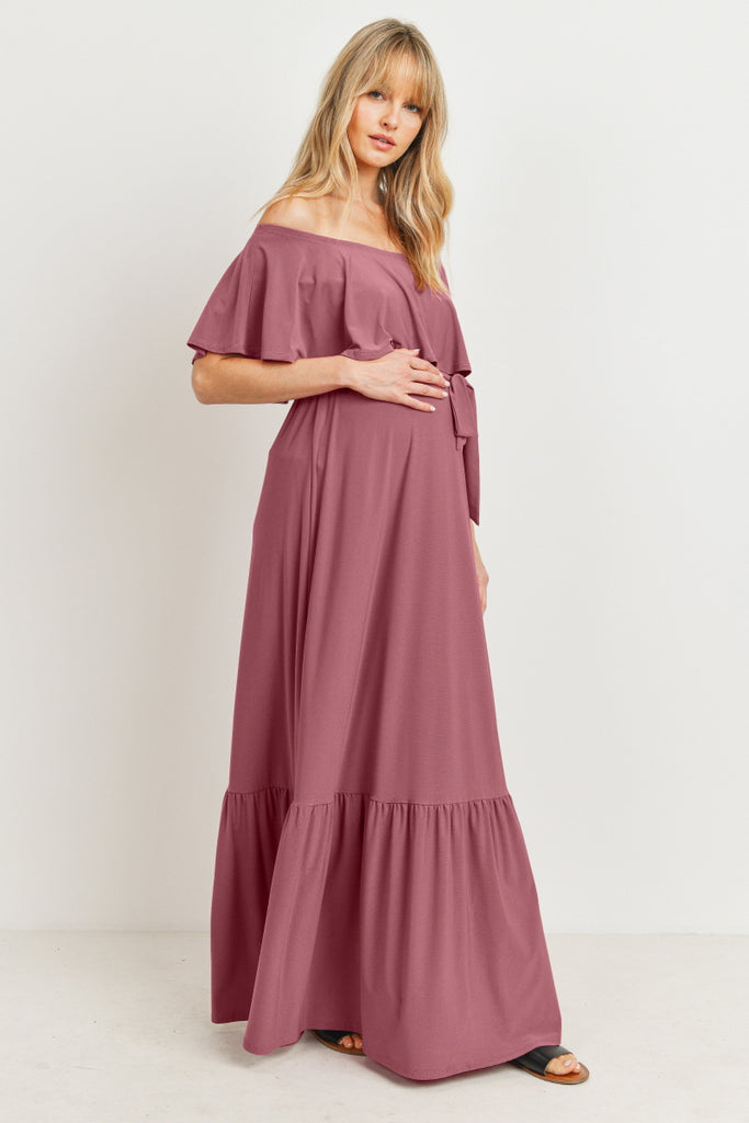 Mauve Tie Waist Off Shoulder Maternity Maxi Dress