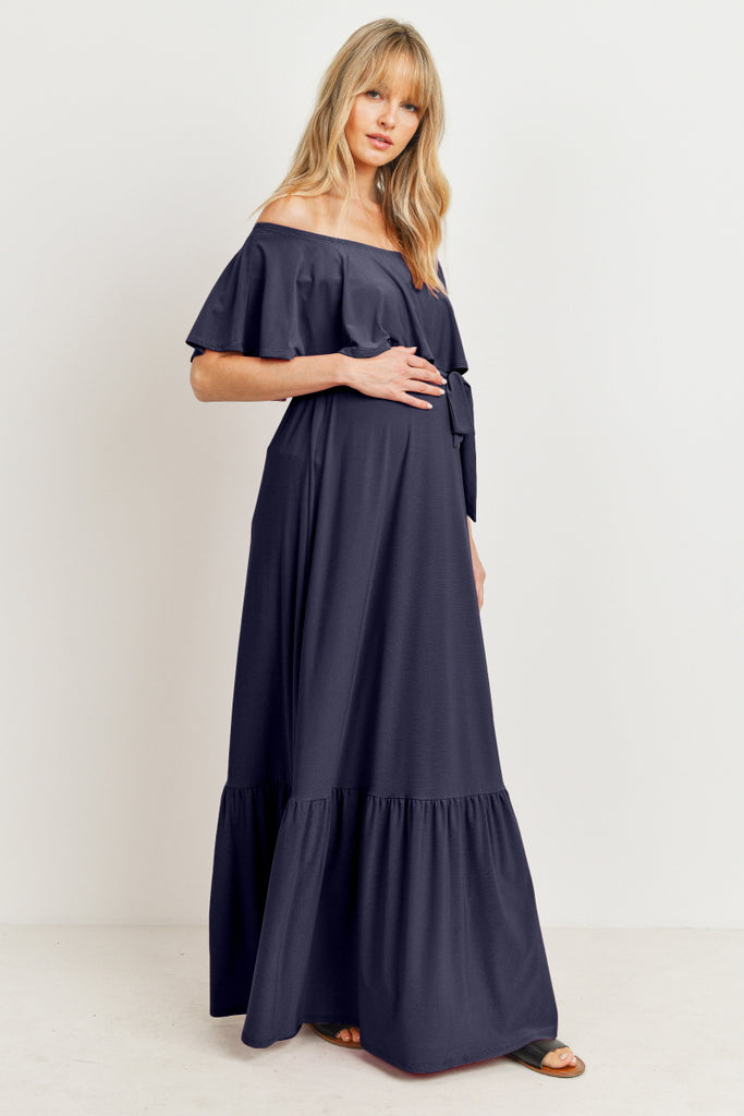 Navy Tie Waist Off Shoulder Maternity Maxi Dress