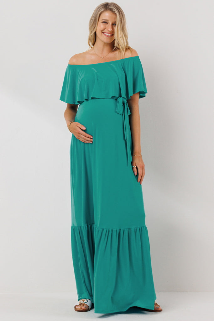 Turquoise Tie Waist Off Shoulder Maternity Maxi Dress