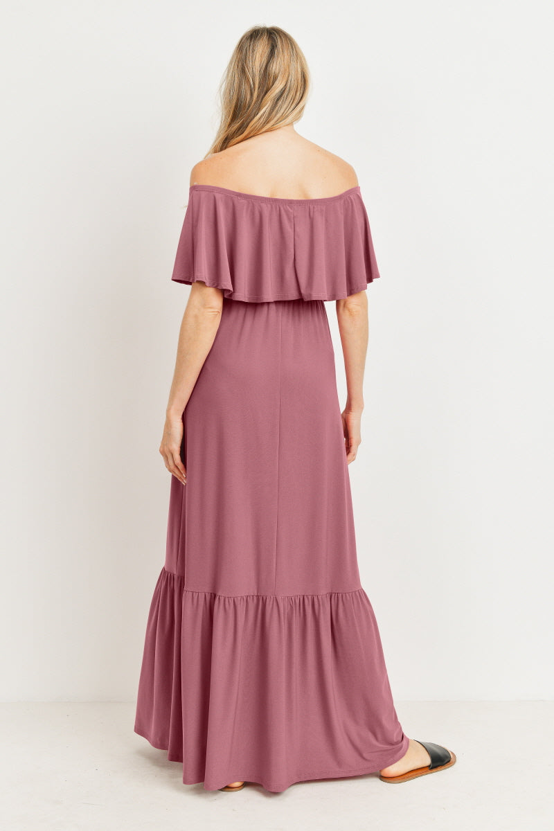 Mauve Tie Waist Off Shoulder Maternity Maxi Dress