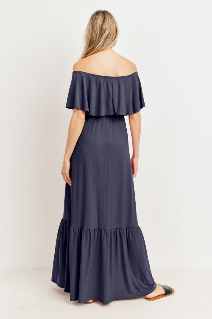 Navy Tie Waist Off Shoulder Maternity Maxi Dress