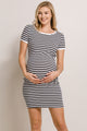 Stripe Round Neck Maternity Mini Dress in off white color with navy stripes