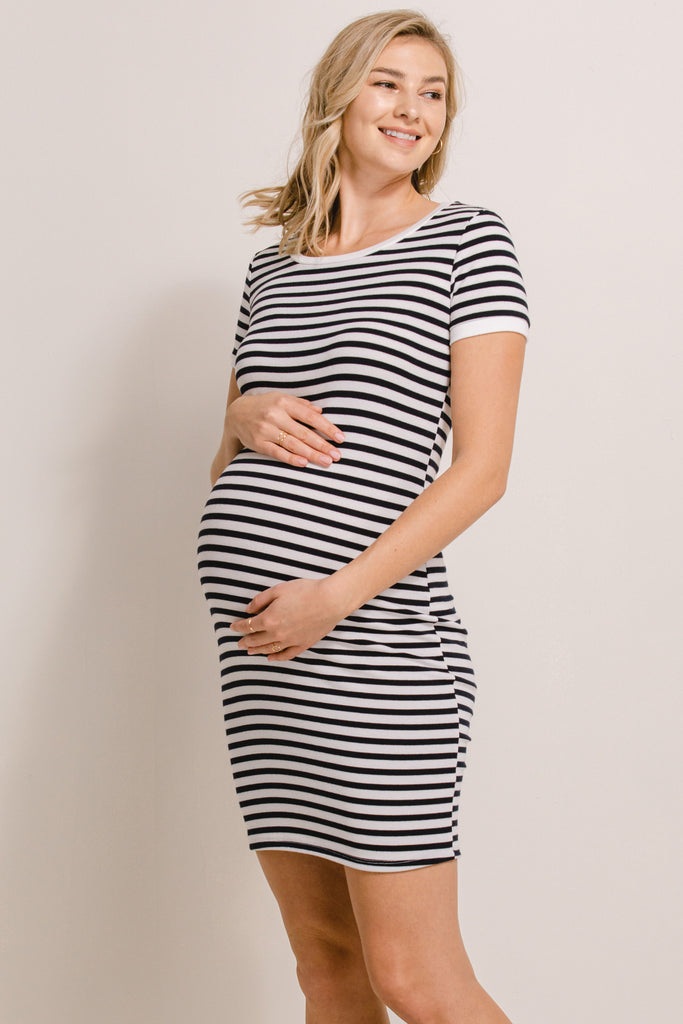 Stripe Round Neck Maternity Mini Dress in off white color with navy stripes