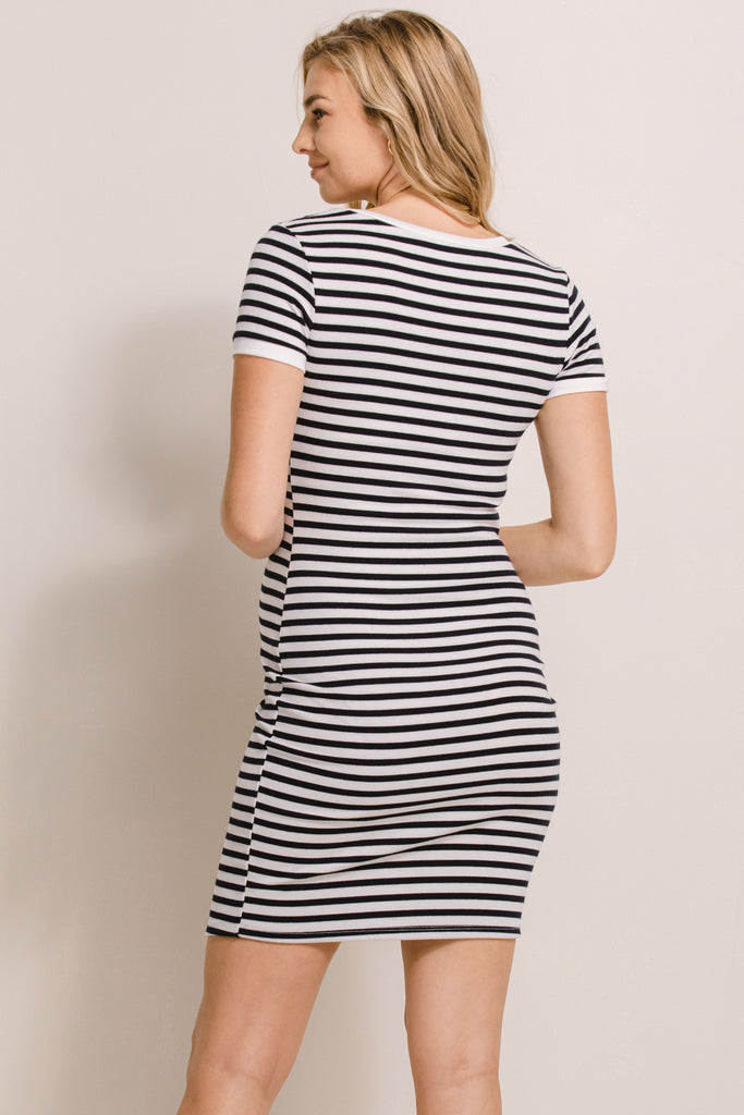 Stripe Round Neck Maternity Mini Dress in off white color with navy stripes