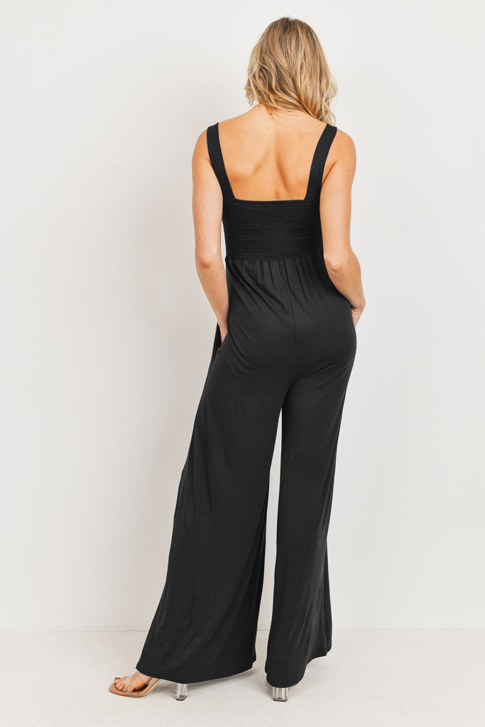 Black Square Neck Smocked Maternity Flared Jumpsuit