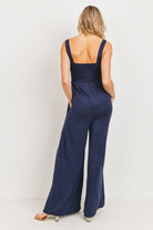 Navy Square Neck Smocked Maternity Flared Jumpsuit