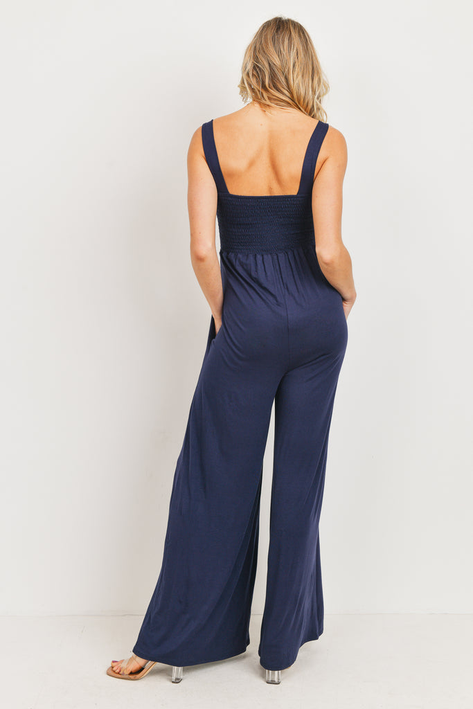 Navy Square Neck Smocked Maternity Flared Jumpsuit