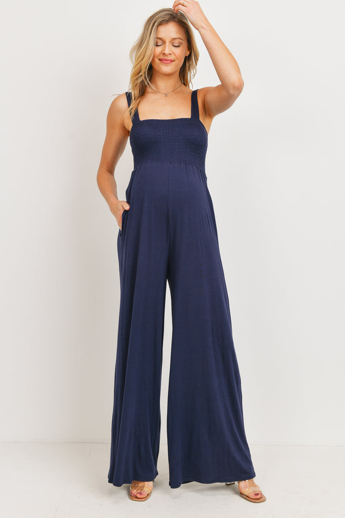 Navy Square Neck Smocked Maternity Flared Jumpsuit