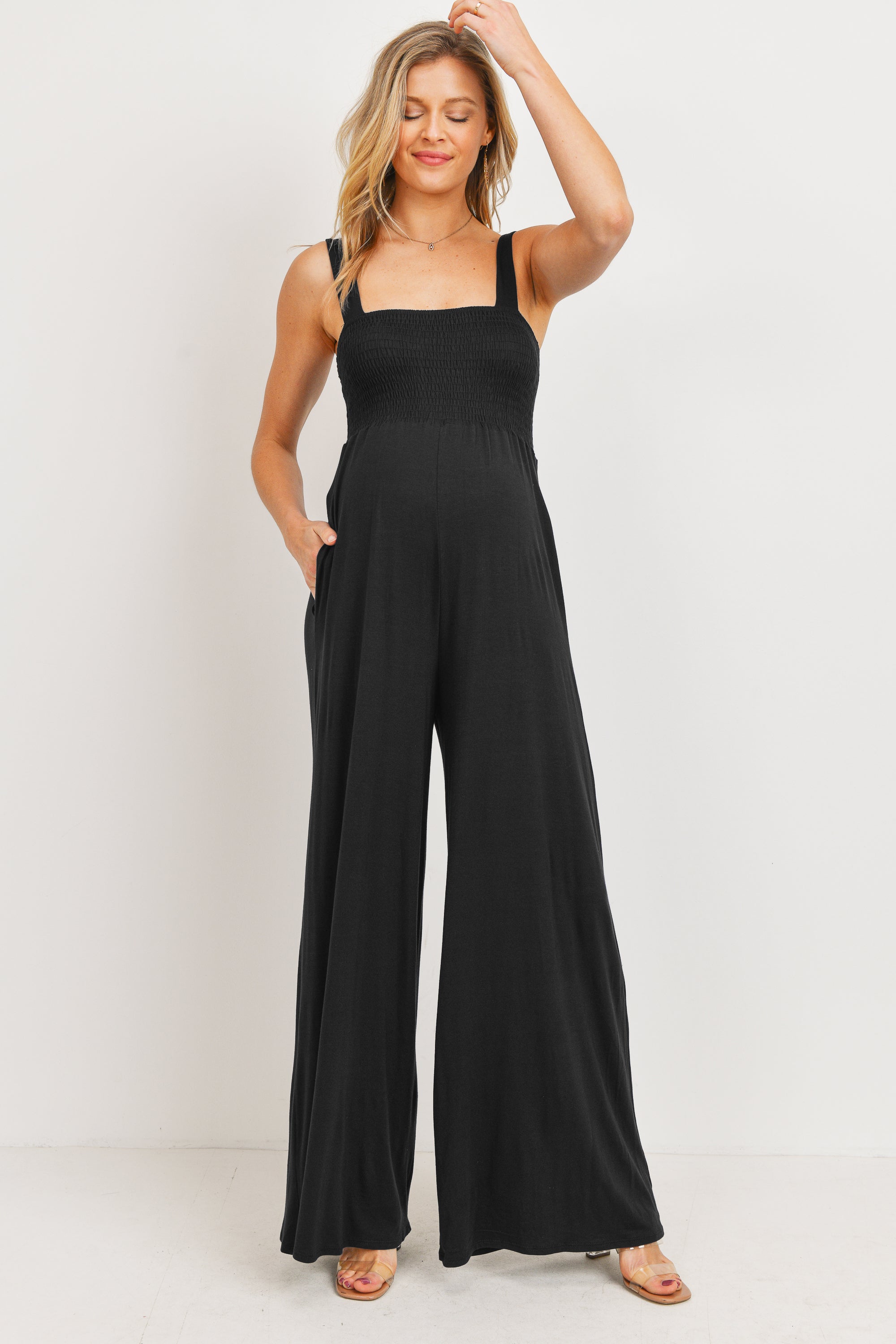 Square Neck Smocked Maternity Flared Jumpsuit