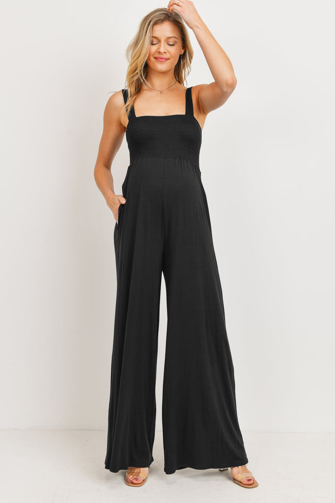 Black Square Neck Smocked Maternity Flared Jumpsuit