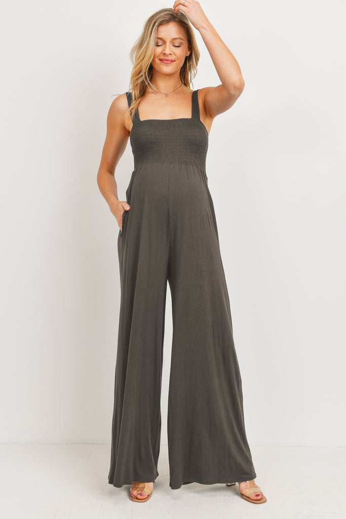 Cocoa Square Neck Smocked Maternity Flared Jumpsuit