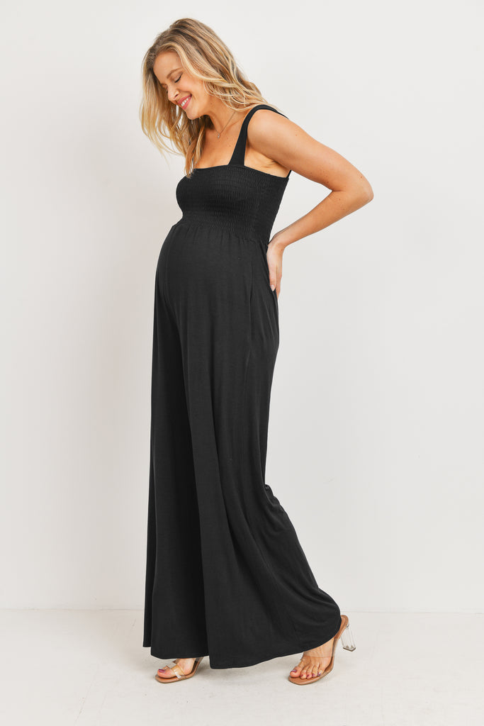 Black Square Neck Smocked Maternity Flared Jumpsuit