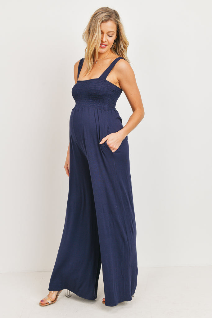 Navy Square Neck Smocked Maternity Flared Jumpsuit