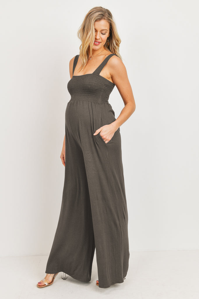 Cocoa Square Neck Smocked Maternity Flared Jumpsuit