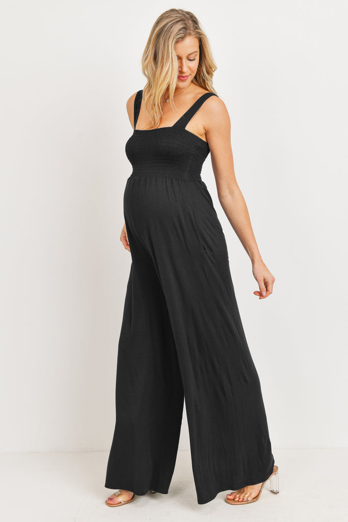 Black Square Neck Smocked Maternity Flared Jumpsuit