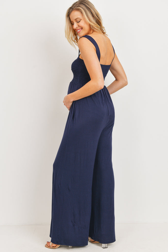 Navy Square Neck Smocked Maternity Flared Jumpsuit