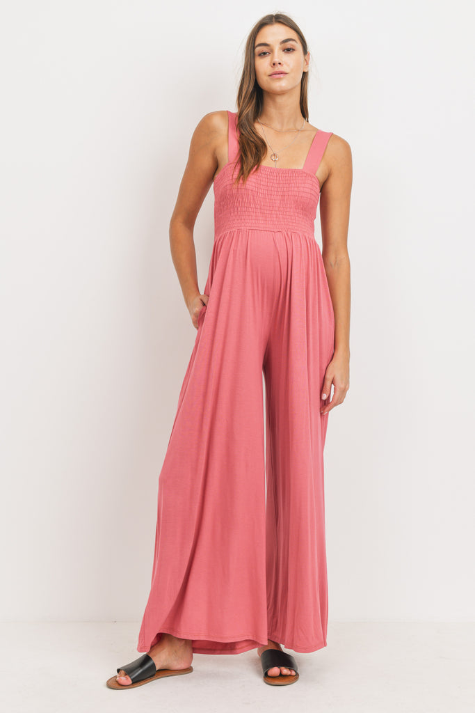 Coral Square Neck Smocked Maternity Flared Jumpsuit