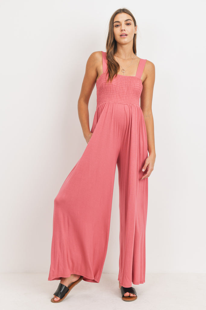 Coral Square Neck Smocked Maternity Flared Jumpsuit