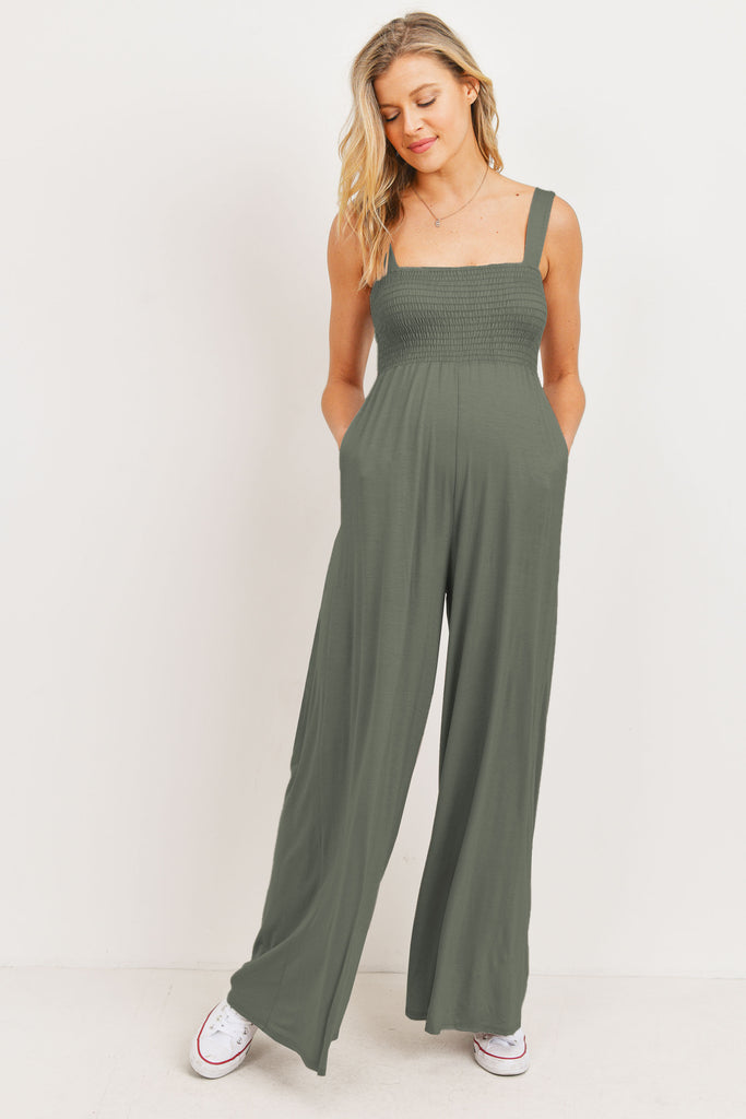 Olive Square Neck Smocked Maternity Flared Jumpsuit