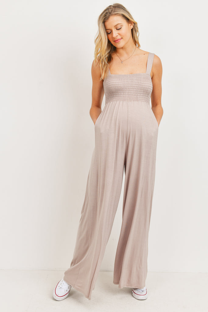 Taupe Square Neck Smocked Maternity Flared Jumpsuit