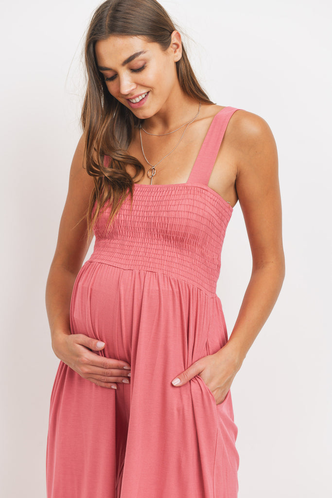 Coral Square Neck Smocked Maternity Flared Jumpsuit
