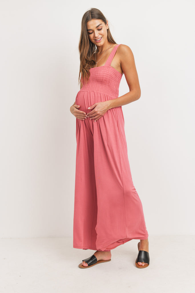 Coral Square Neck Smocked Maternity Flared Jumpsuit