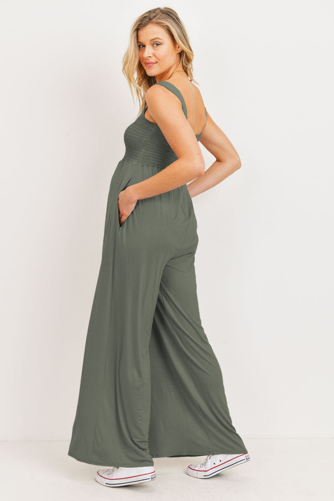 Olive Square Neck Smocked Maternity Flared Jumpsuit